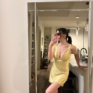 Yellow Floral Mini Slip Dress with V-Neck